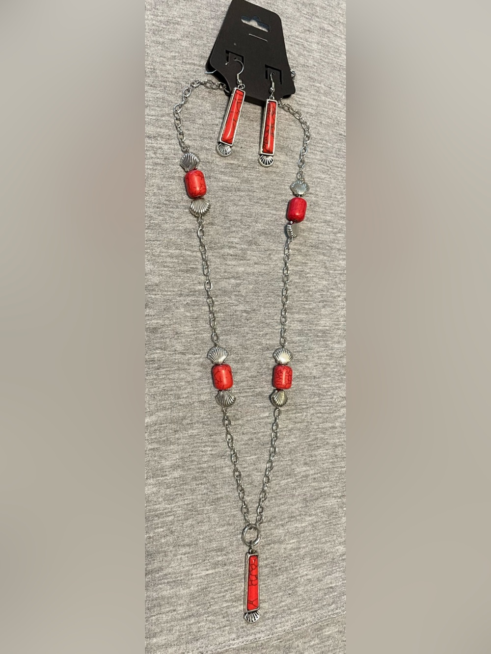 Red Turquoise Bead & Silver-Tone Pendant Necklace & Earrings Set